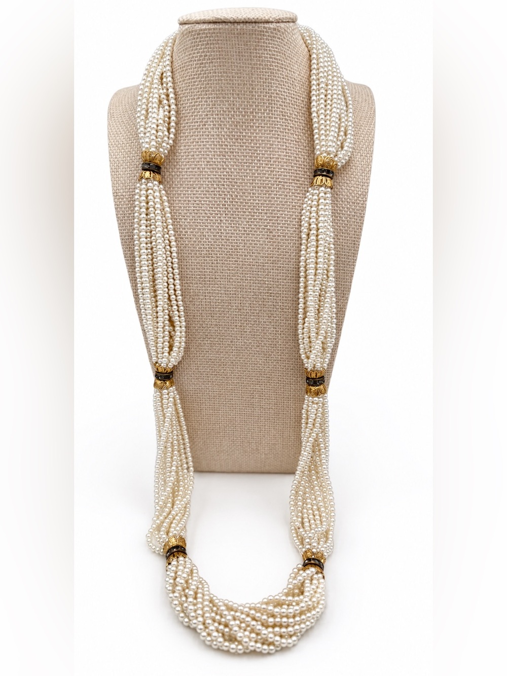 Vintage Multi-Strand Pearl Necklace with Gold Accents - White
